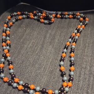 Vintage Double Strand Beaded Necklace Orange Blue Gray Mid Century